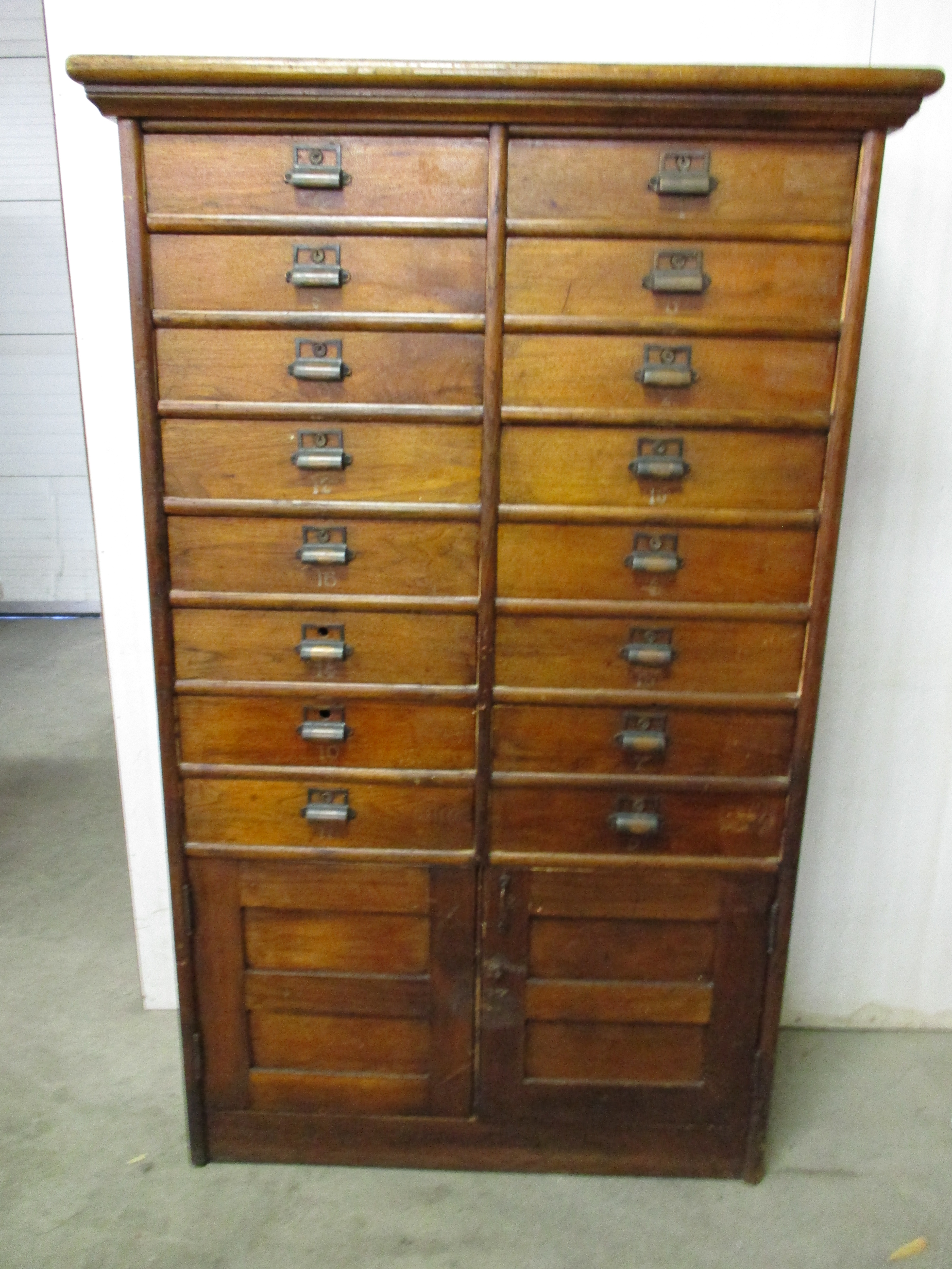 Lot 163: Primitive Wood Store Cabinet W/16 Drawers, 2 Doors
