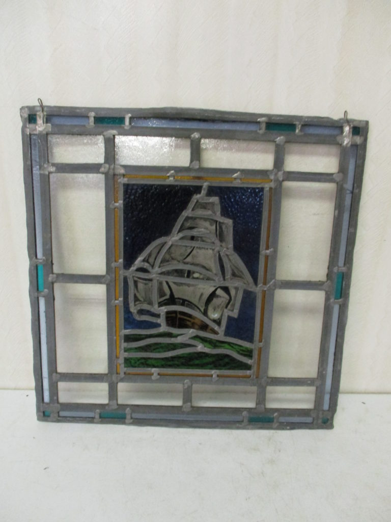 Lot 226: Leaded Glass With Ship Scene - 20" X 20"