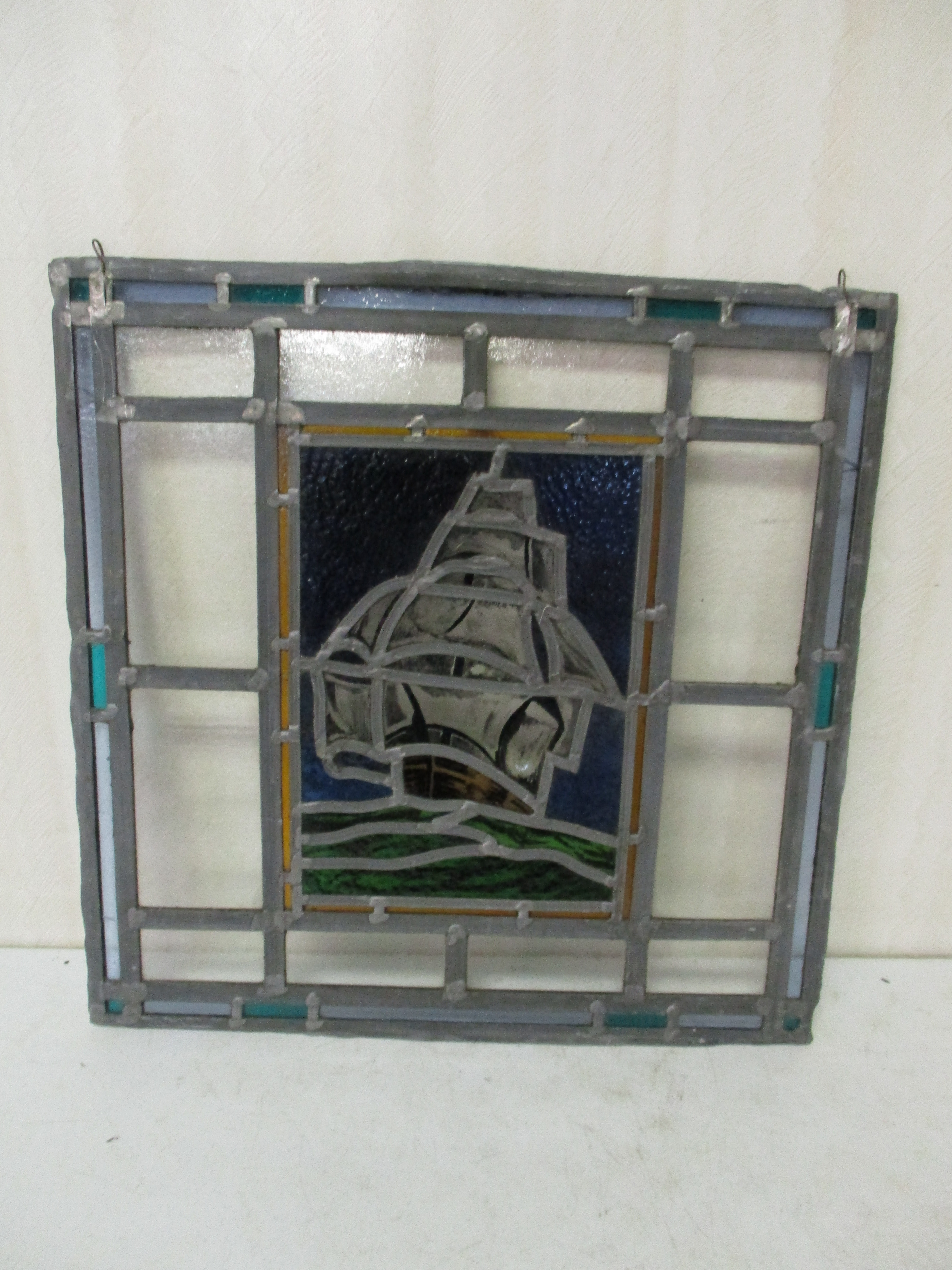 Lot 226: Leaded Glass With Ship Scene - 20" X 20"