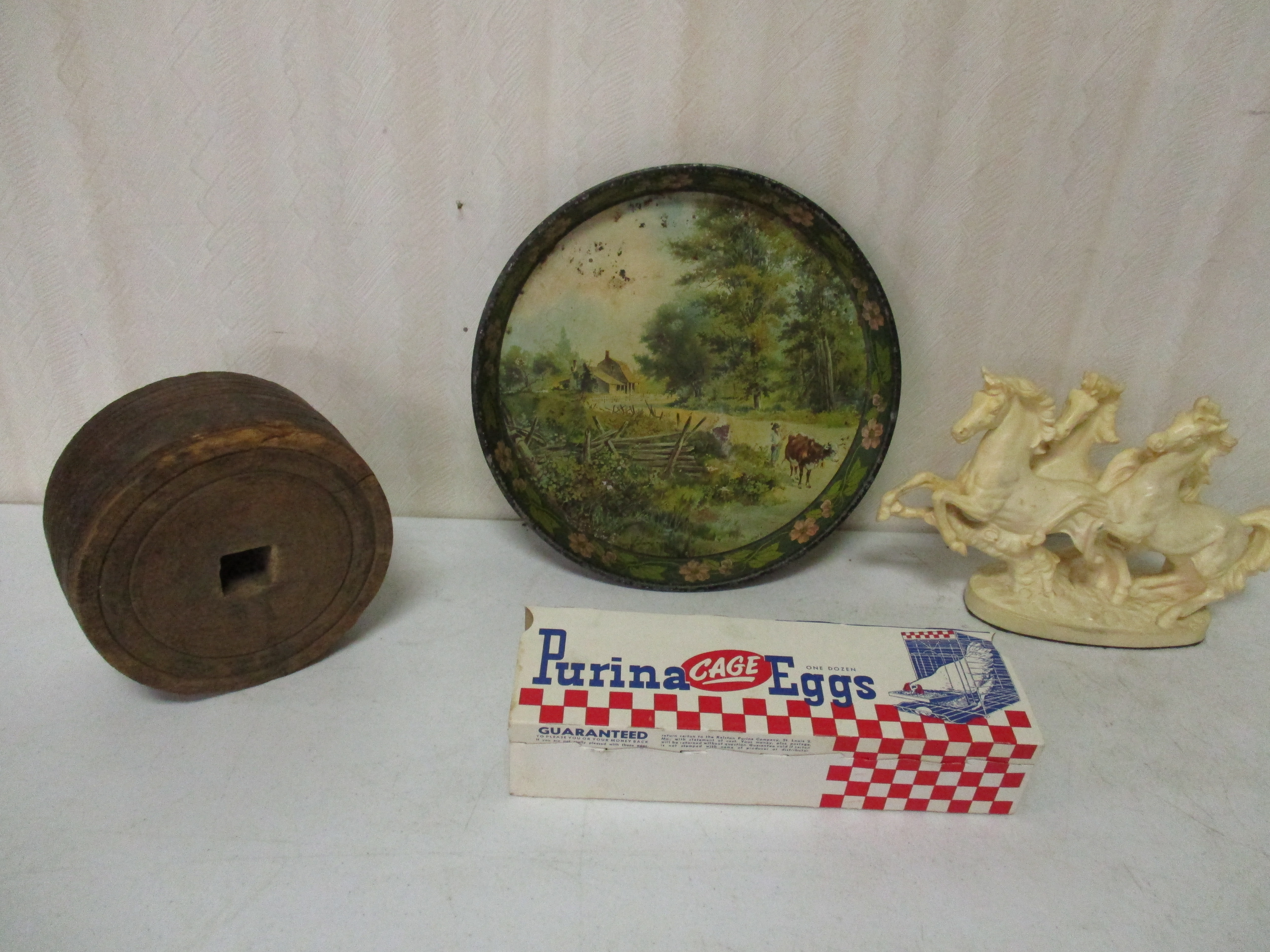 Lot 257: Farming Tray, Purina Egg Box, Wood Pulley, Horse Sculpture