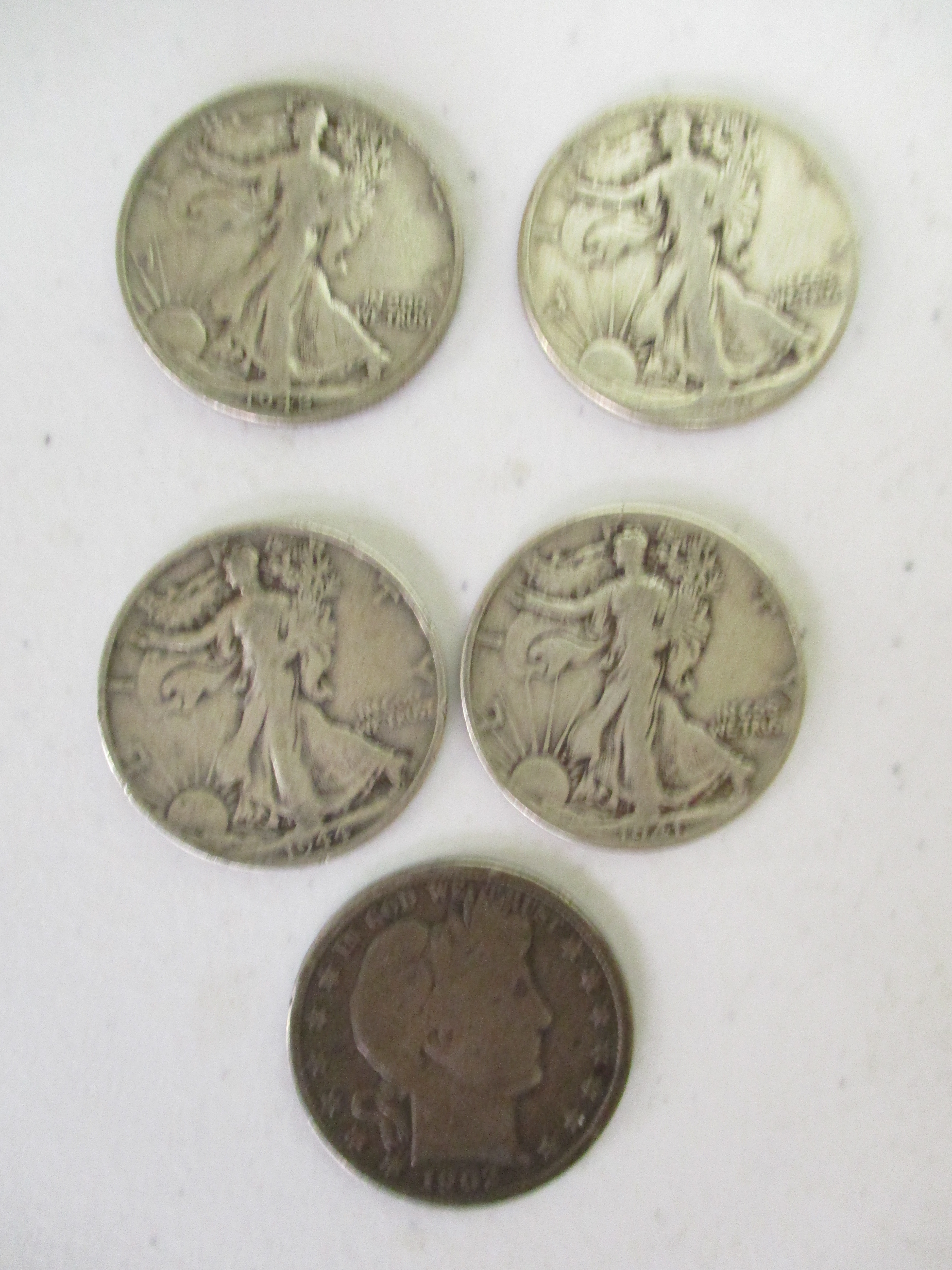Lot 27: (4) Walking 1/2 Dollars And (1) Barbar 1/2 Dollar (by The Piece, Take 5)